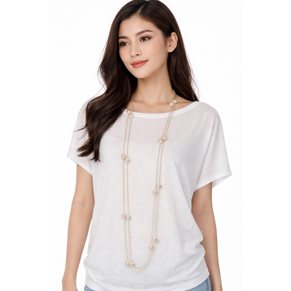 Long Multi Strand Faux Pearl Station Necklace‎ Cream White Layered 30" 103-65